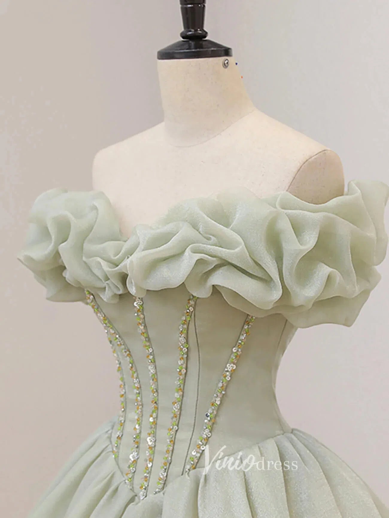 Greyish Sage Green Prom Dresses Off the Shoulder Ball Gown FD3120-prom dresses 2025 -Viniodress-Sage-Custom Size-