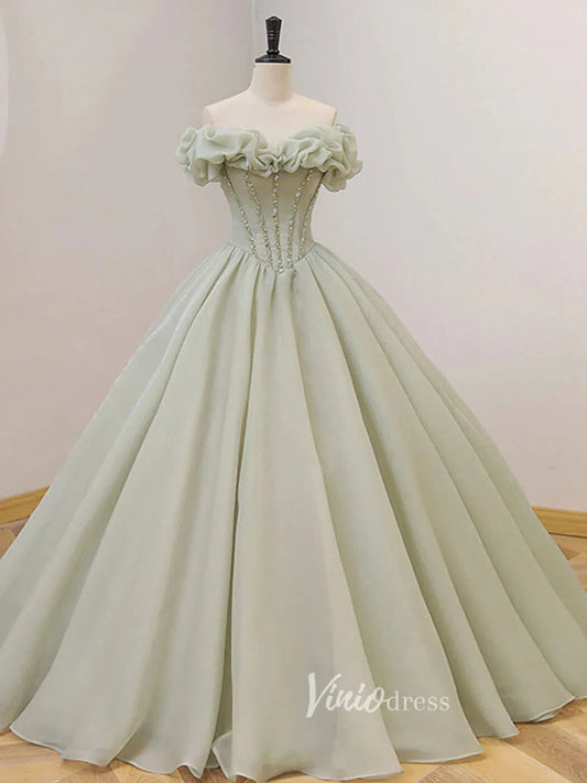 Prom Dress 2025 Greyish Sage Green Prom Dresses Off the Shoulder Ball Gown FD3120-unique prom dresses-Sage-Custom Size-Viniodress