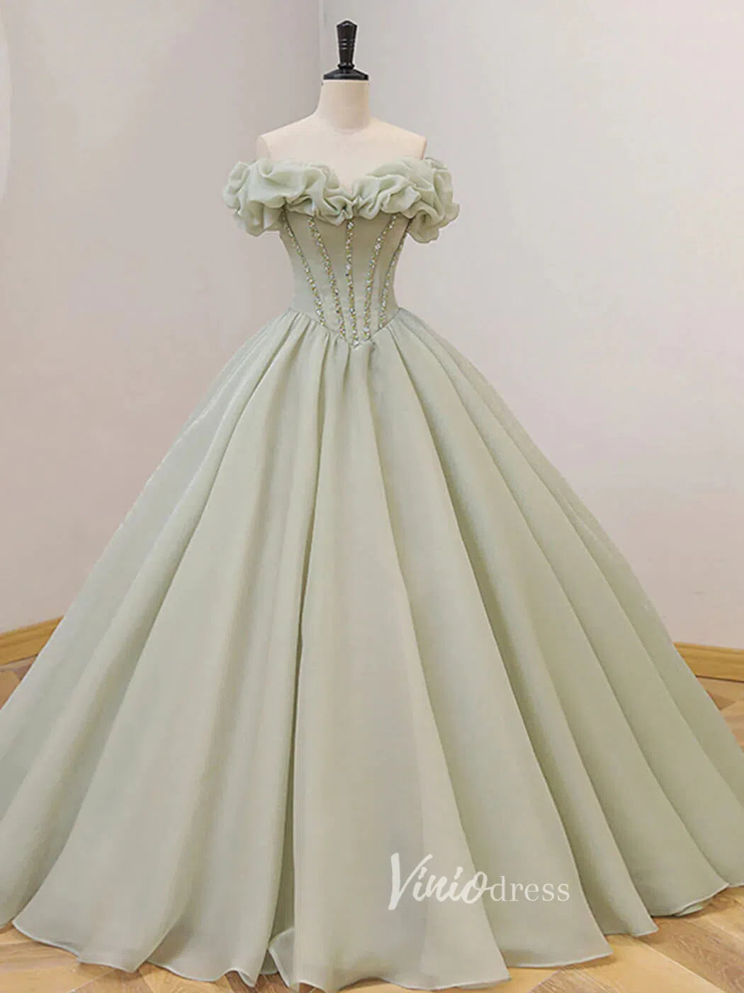 Greyish Sage Green Prom Dresses Off the Shoulder Ball Gown FD3120-prom dresses-Viniodress-Sage-Custom Size-Viniodress