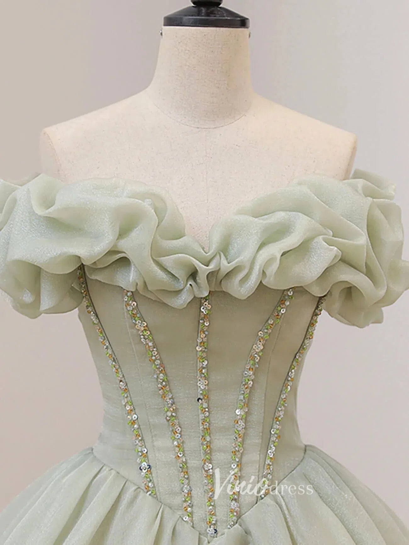 Greyish Sage Green Prom Dresses Off the Shoulder Ball Gown FD3120-prom dresses 2025 -Viniodress-Sage-Custom Size-