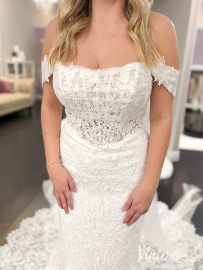 Guipure Lace Mermaid Wedding Dress with Basque Waist and Dramatic Train – ML101-wedding dresses 2025 -Viniodress-Ivory-Custom Size-