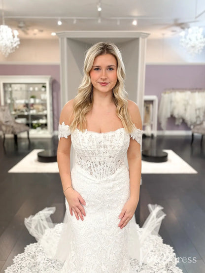 Guipure Lace Mermaid Wedding Dress with Basque Waist and Dramatic Train – ML101-wedding dresses 2025 -Viniodress-Ivory-Custom Size-