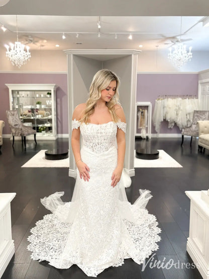 Guipure Lace Mermaid Wedding Dress with Basque Waist and Dramatic Train – ML101-wedding dresses 2025 -Viniodress-Ivory-Custom Size-