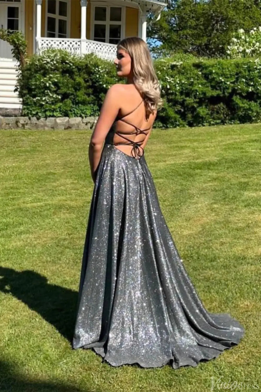 Gunmetal Glitter A-Line Prom Dress with Spaghetti Straps, Crisscross Open Back & Floor-Length Skirt – AE1004-Prom Dresses 2025 -Viniodress-Gunmetal-Custom Size-