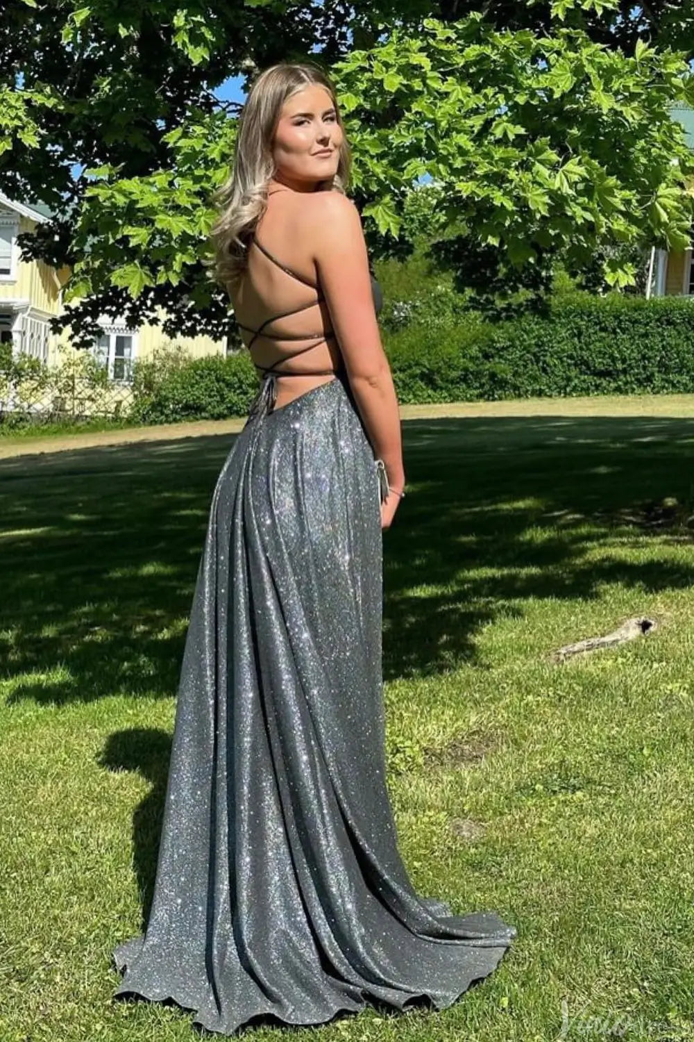 Gunmetal Glitter A-Line Prom Dress with Spaghetti Straps, Crisscross Open Back & Floor-Length Skirt – AE1004-Prom Dresses 2025 -Viniodress-Gunmetal-Custom Size-