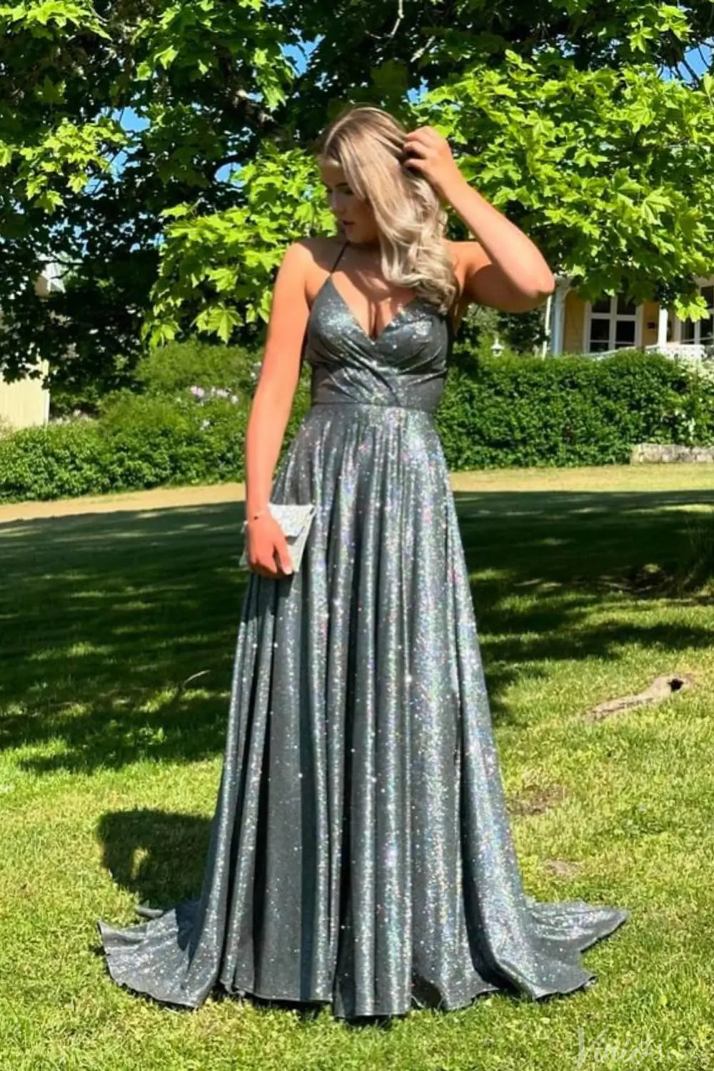 Gunmetal Glitter A-Line Prom Dress with Spaghetti Straps, Crisscross Open Back & Floor-Length Skirt – AE1004-Prom Dresses 2025 -Viniodress-Gunmetal-Custom Size-