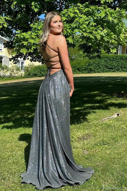 Gunmetal Glitter A-Line Prom Dress with Spaghetti Straps, Crisscross Open Back & Floor-Length Skirt – AE1004-Prom Dresses 2025 -Viniodress-Gunmetal-Custom Size-