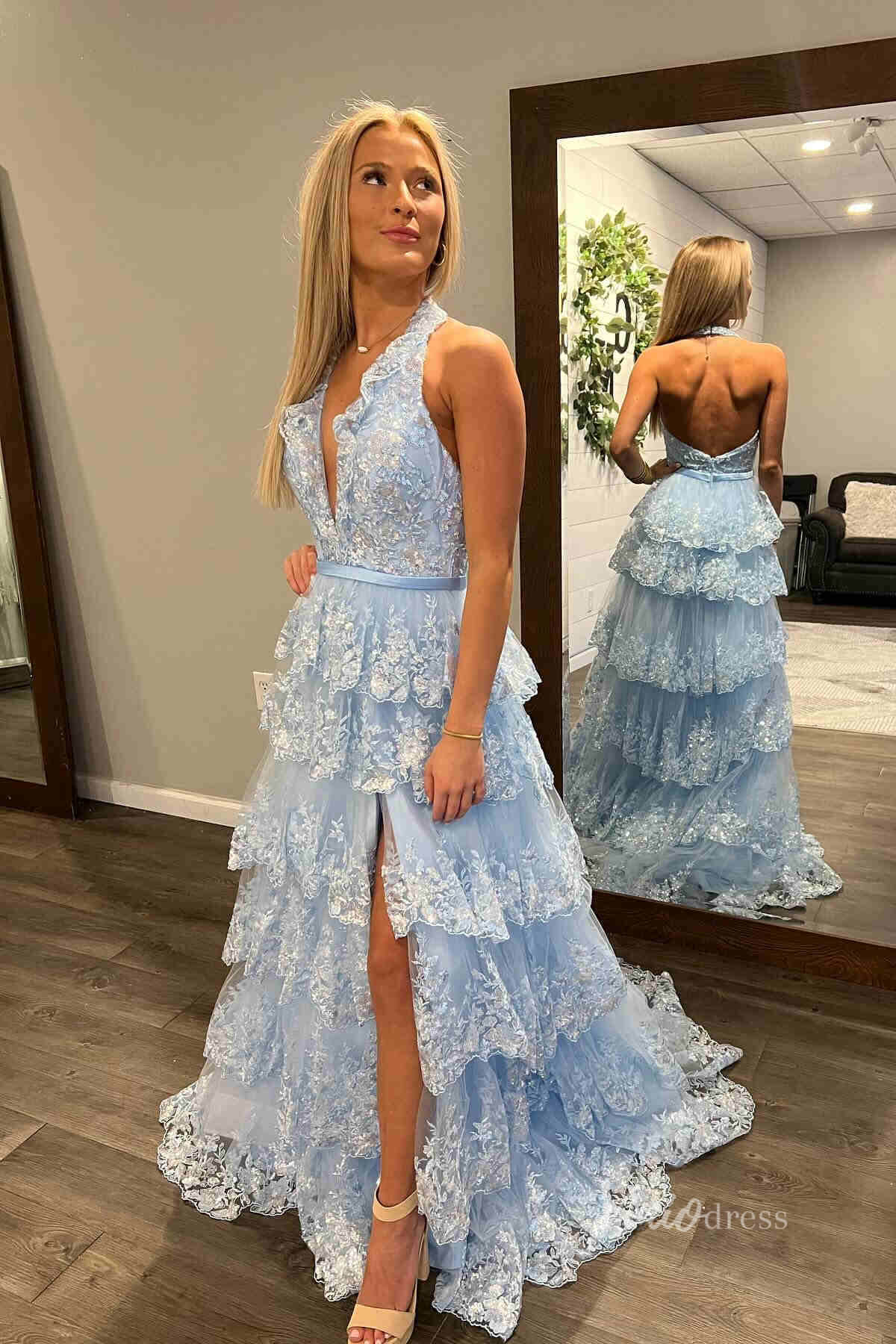 Halter Backless Sequin Lace Prom Dresses Ruffled Formal Gown with Slit FD3637D-prom dresses 2025 -Viniodress-Light Blue-Custom Size-
