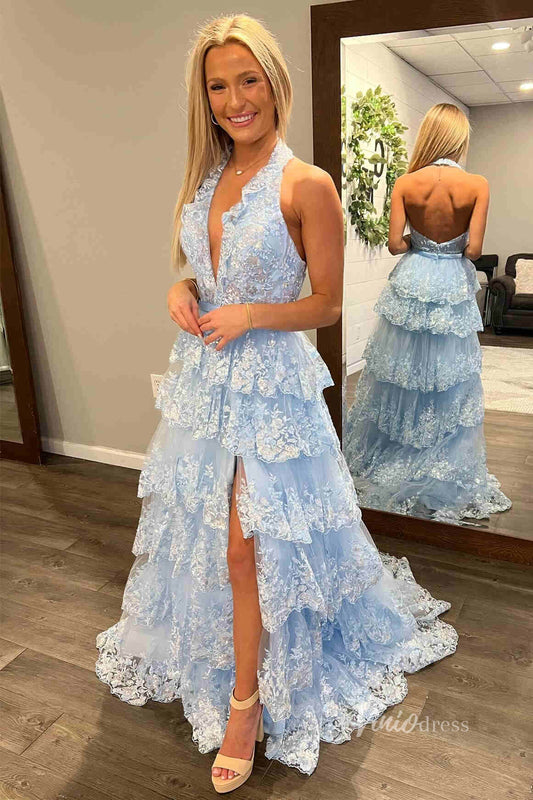 Halter Backless Sequin Lace Prom Dresses Ruffled Formal Gown with Slit FD3637D - Viniodressprom dressesLight BlueCustom Size - Formal Dresses - Ball Gowns