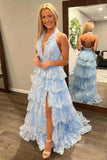 Halter Backless Sequin Lace Prom Dresses Ruffled Formal Gown with Slit FD3637D