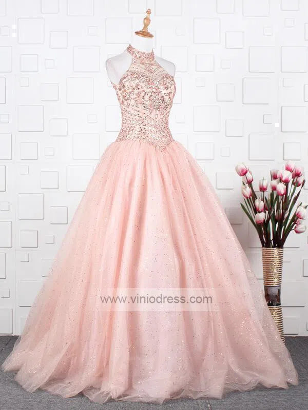 Prom Dress 2025 Halter Beaded Blush Pink Quinceañera Dresses FD1430-unique prom dresses-Blush Pink-Custom Size-Viniodress