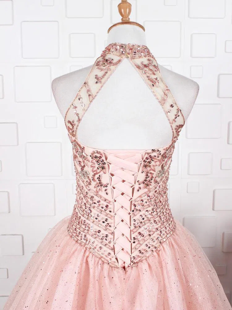 Halter Beaded Blush Pink Quinceañera Dresses FD1430-prom dresses-Viniodress-Viniodress