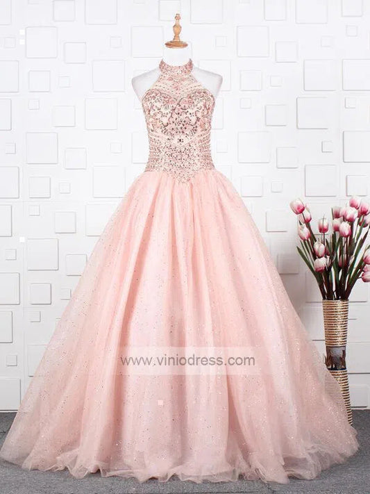 Prom Dress 2025 Halter Beaded Blush Pink Quinceañera Dresses FD1430-unique prom dresses-Blush Pink-Custom Size-Viniodress