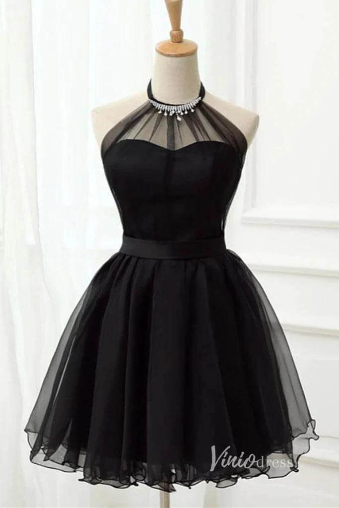 Halter Black Homecoming Dresses Short Little Black Dress SD1431-Homecoming Dresses 2025 -Viniodress-Black-Custom Size-