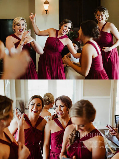 Halter Burgundy Long Chiffon Bridesmaid Dresses Plus Size VB1025-bridesmaid dresses 2025 -Viniodress-Burgundy-Custom Size-