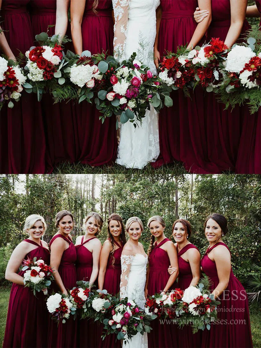 Halter Burgundy Long Chiffon Bridesmaid Dresses Plus Size VB1025-bridesmaid dresses 2025 -Viniodress-Burgundy-Custom Size-