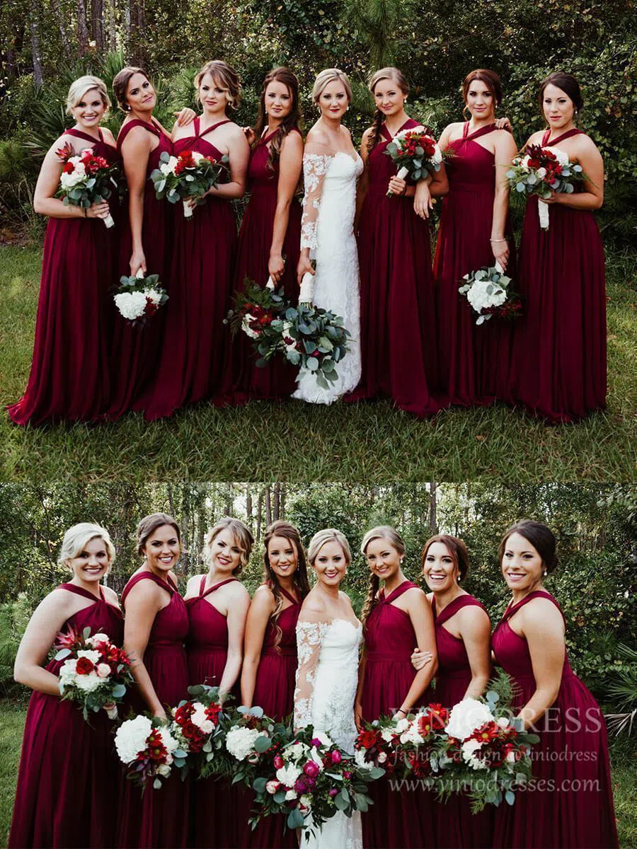 Cheap Halter Burgundy Long Chiffon Bridesmaid Dresses Plus Size VB1025-bridesmaid dresses-Viniodress-Viniodress