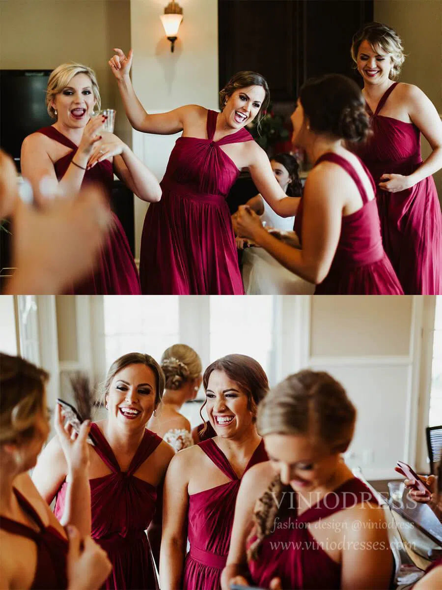 Cheap Halter Burgundy Long Chiffon Bridesmaid Dresses Plus Size VB1025-bridesmaid dresses-Viniodress-Viniodress