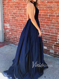 Halter Deep V Neck Navy Blue Long Prom Dresses FD1363-prom dresses-Viniodress-Viniodress