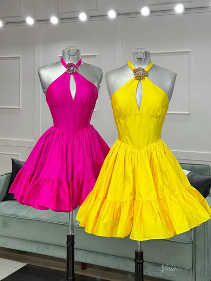Halter Homecoming Dress with Rhinestone Neck, Keyhole Cutout & Tiered Skirt – HS013-Homecoming Dresses 2026-Viniodress-Fuchsia-Custom Size – Add Measurements in Cart-