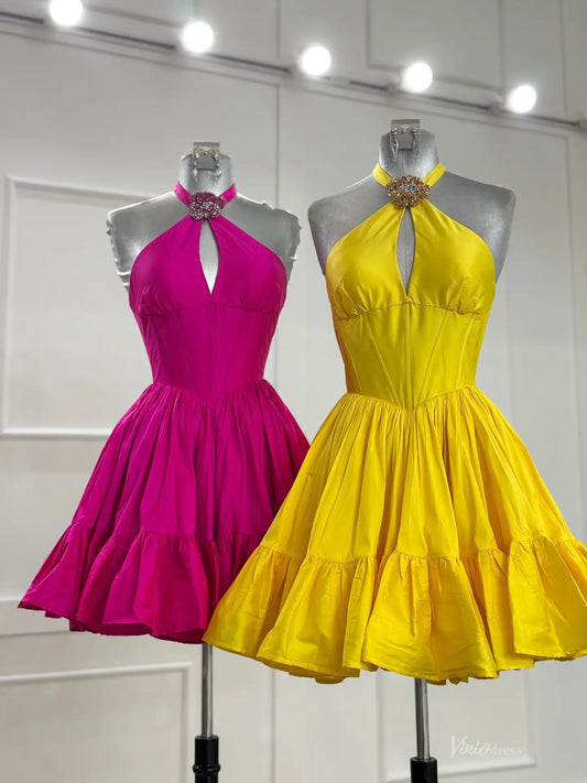 Halter Homecoming Dress with Rhinestone Neck, Keyhole Cutout & Tiered Skirt – HS013-Homecoming Dresses 2026-Viniodress-Fuchsia-Custom Size – Add Measurements in Cart-