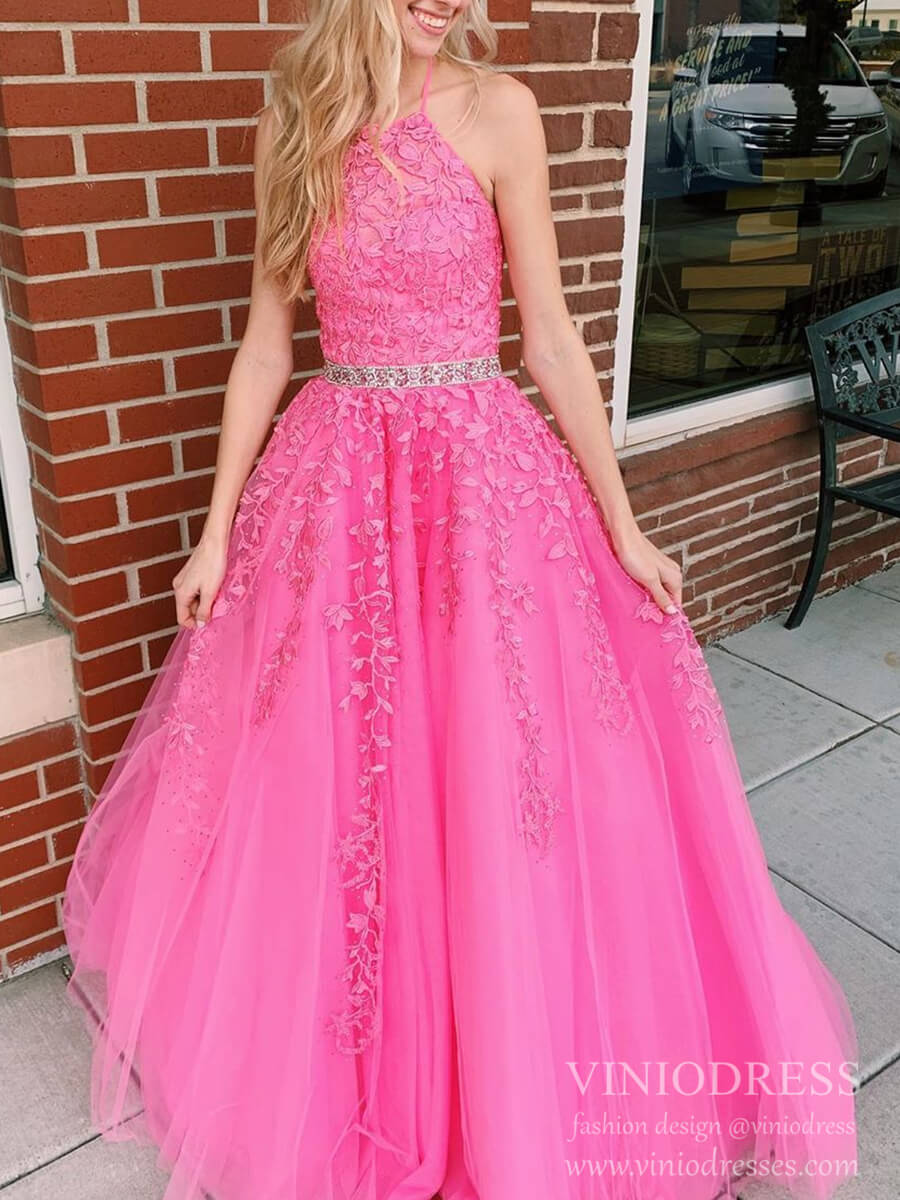 Prom Dress 2025 Halter Hot Pink Lace Appliqued Prom Dresses Beaded Waist FD1265H-unique prom dresses-Hot Pink-Custom Size-Viniodress