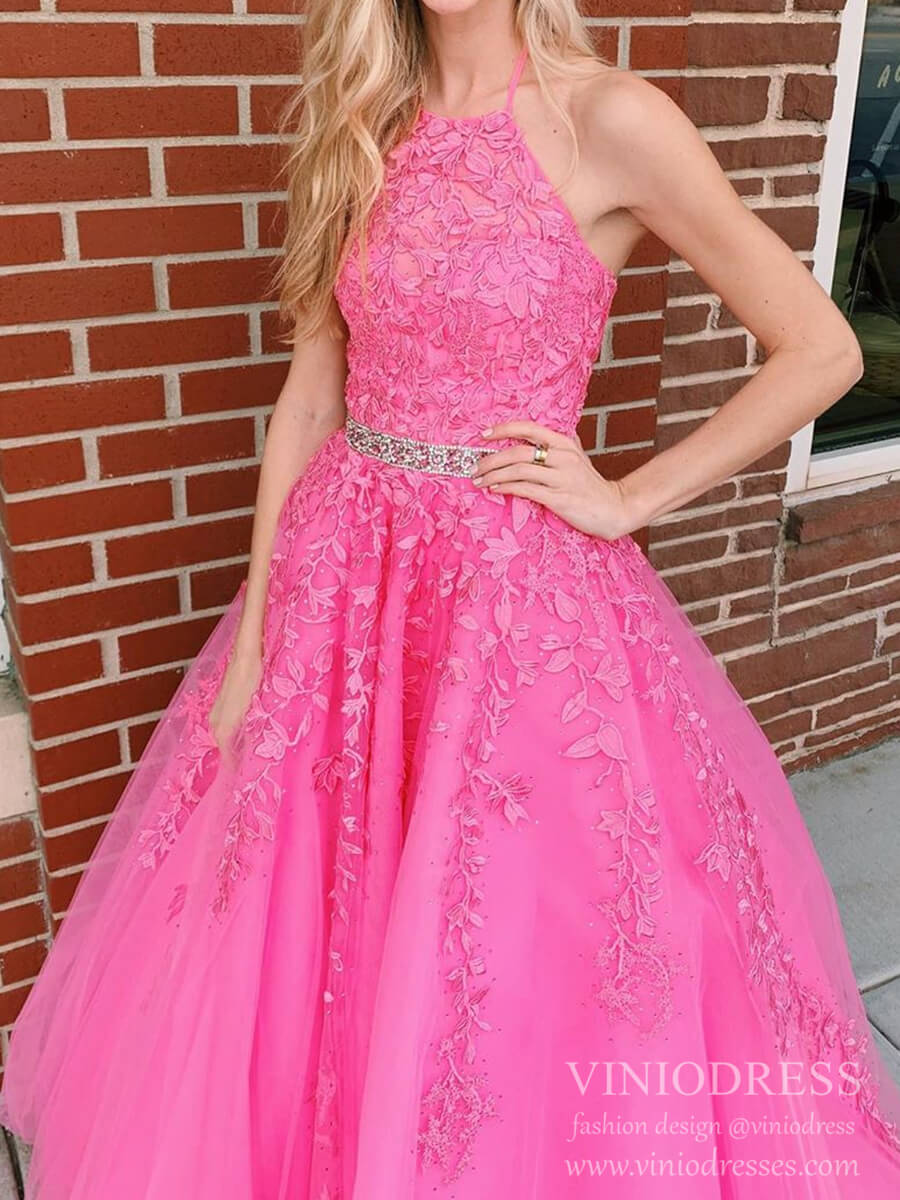 Prom Dress 2025 Halter Hot Pink Lace Appliqued Prom Dresses Beaded Waist FD1265H-unique prom dresses-Hot Pink-Custom Size-Viniodress