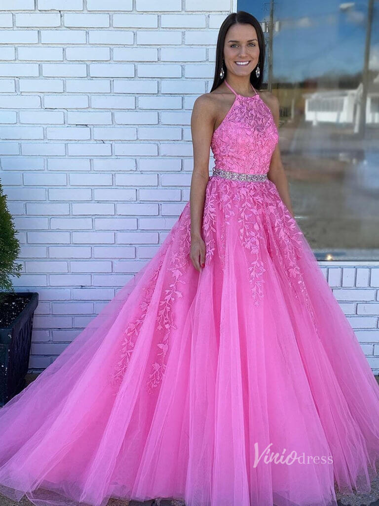 Prom Dress 2025 Halter Hot Pink Lace Appliqued Prom Dresses Beaded Waist FD1265H-unique prom dresses-Hot Pink-Custom Size-Viniodress