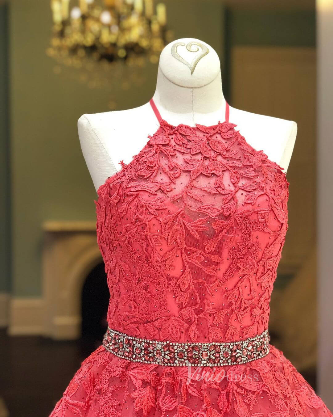 Halter Lace Appliqued Long Prom Dresses Watermelon Red FD2018 Viniodress Halter Lace Appliqued Long Prom Dresses Watermelon Red FD2018 Viniodress