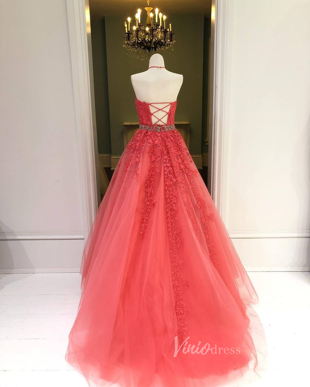 Prom Dress 2025 Halter Lace Appliqued Long Prom Dresses Watermelon Red FD2018-unique prom dresses-Watermelon Red-Custom Size-Viniodress