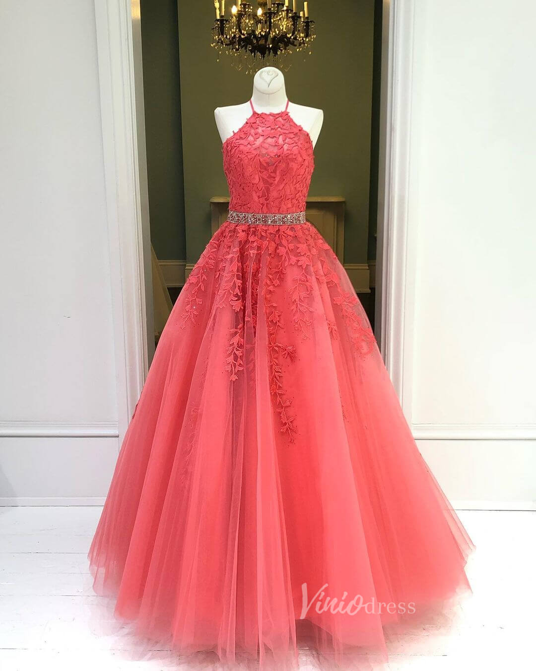 Prom Dress 2025 Halter Lace Appliqued Long Prom Dresses Watermelon Red FD2018-unique prom dresses-Watermelon Red-Custom Size-Viniodress