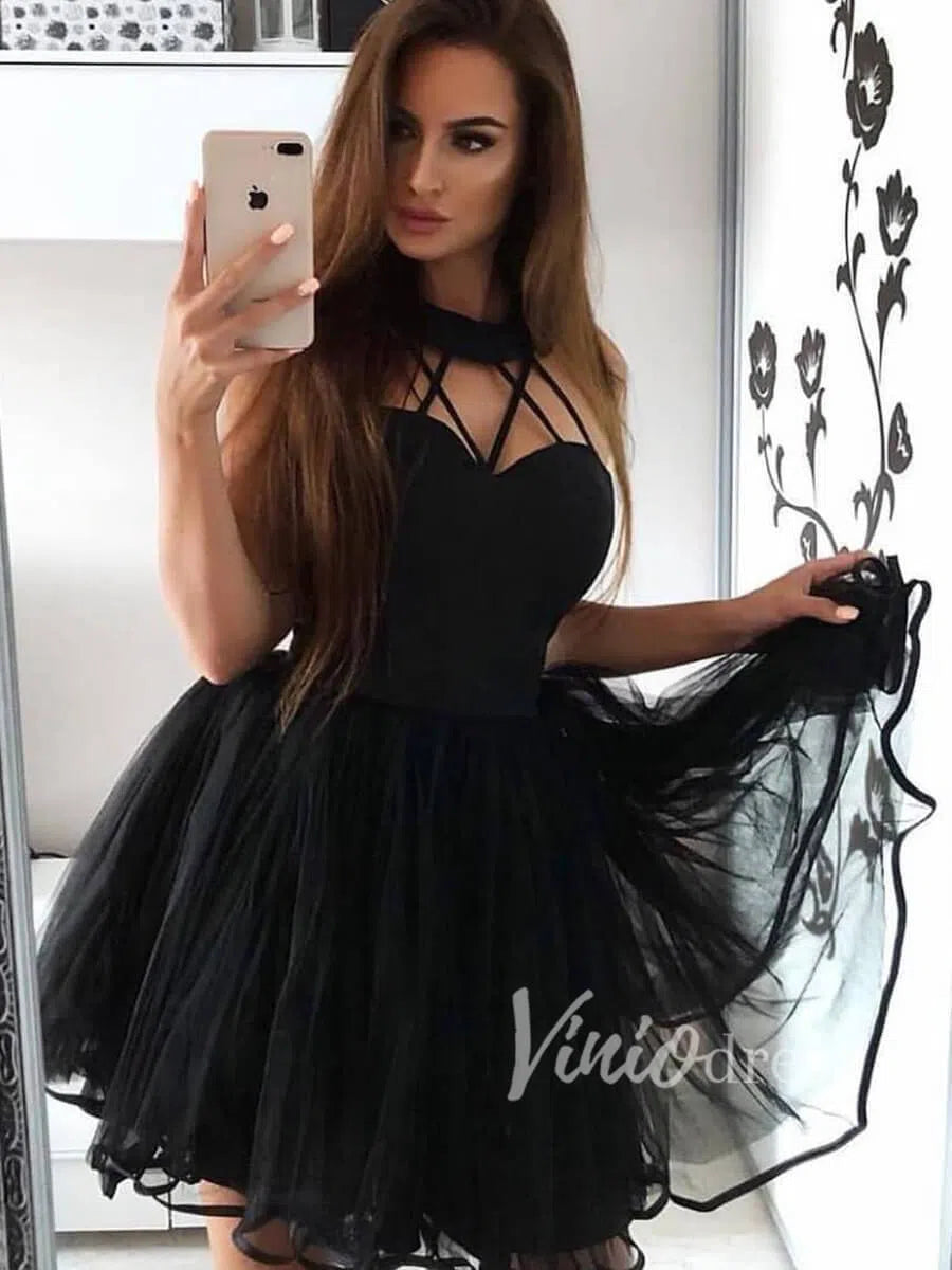 Short Prom Dresses 2025 Halter Little Black Dress Short Tulle Homecoming Dresses SD1143-homecoming dresses-Viniodress-Black-Custom Size-Viniodress