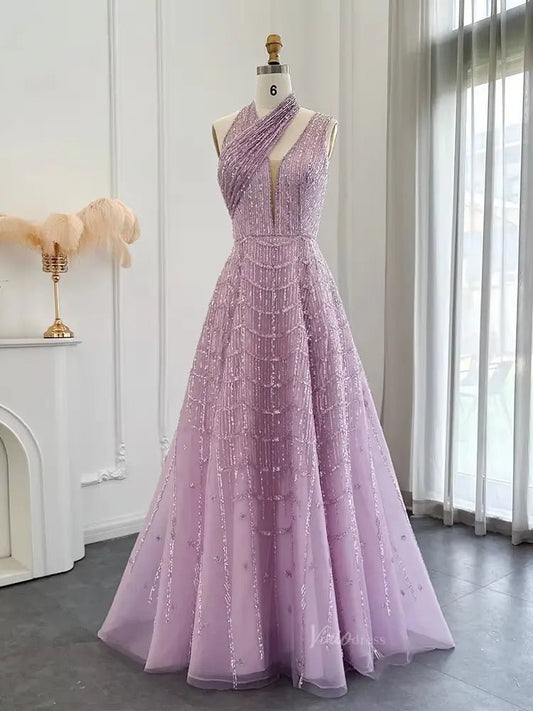 Halter Neck A-line Prom Dresses Beaded Sparkly Formal Dresses BD026-Evening Dresses 2025 -Viniodress-Lavender-US 2-