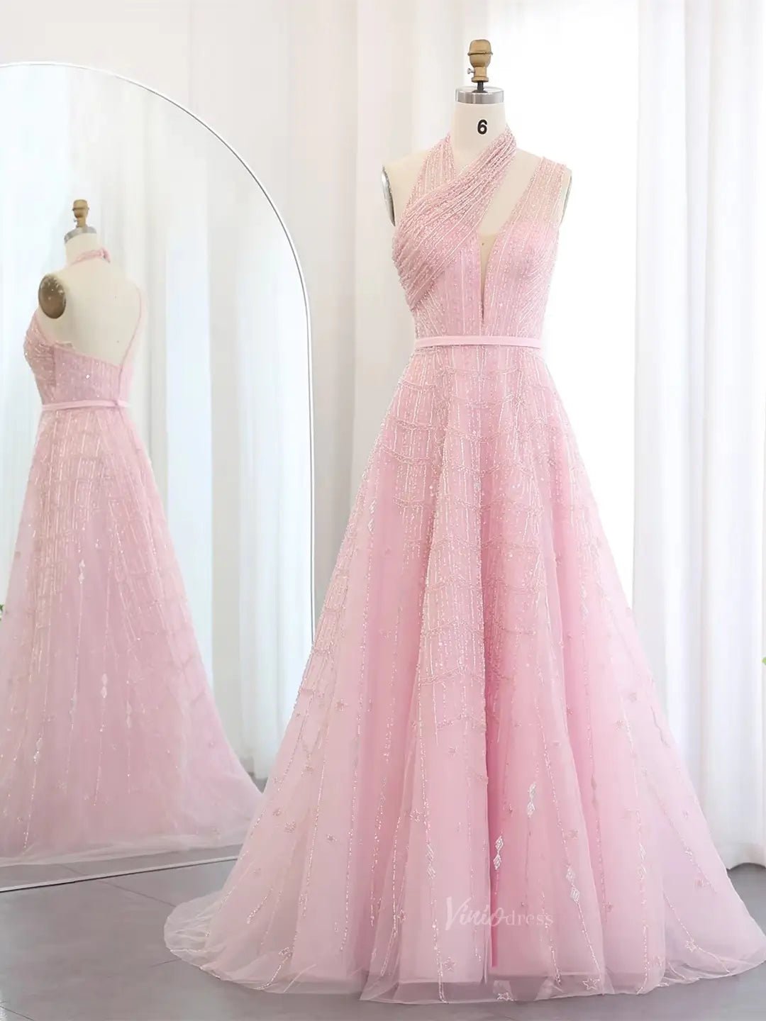 Halter Neck A-line Prom Dresses Beaded Sparkly Formal Dresses BD026-Evening Dresses 2025 -Viniodress-Pink-US 2-