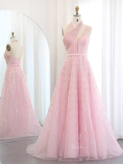 Halter Neck A-line Prom Dresses Beaded Sparkly Formal Dresses BD026-Evening Dresses 2025 -Viniodress-Pink-US 2-