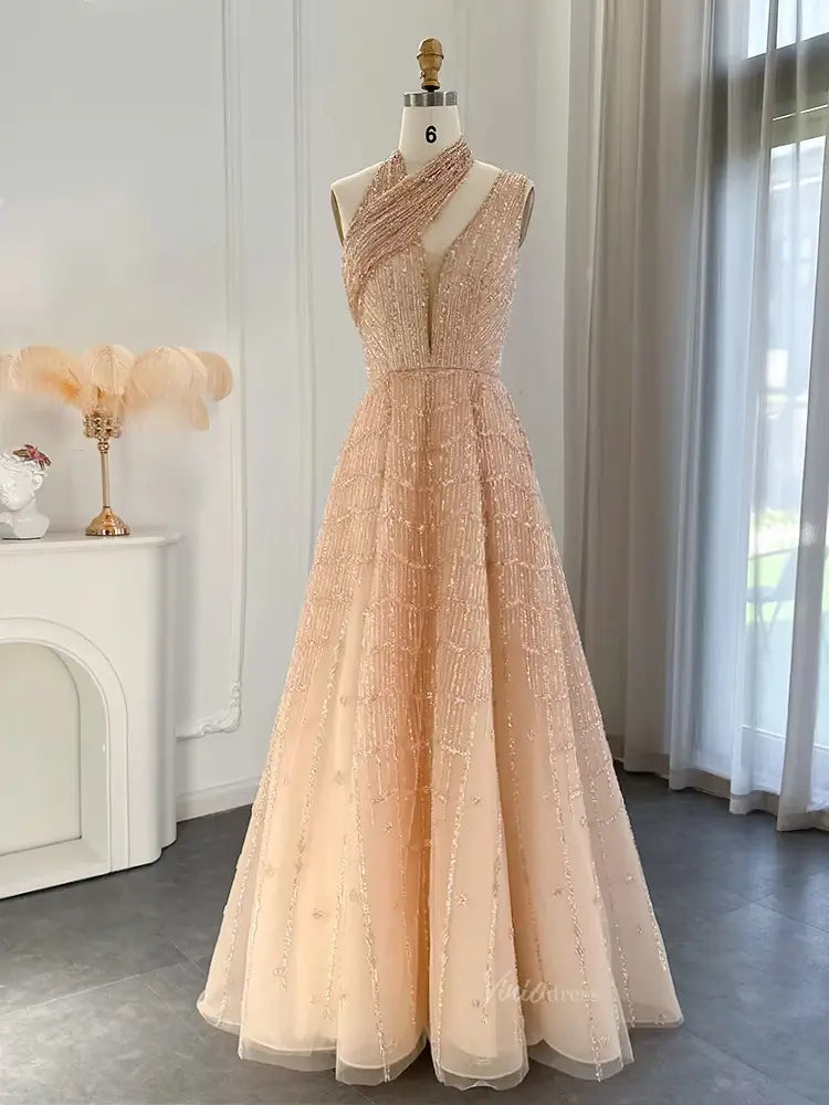 prom dresses 2025 Halter Neck A-line Prom Dresses Beaded Sparkly Formal Dresses BD026-plus size wedding dresses Viniodress-Champagne-US 2-