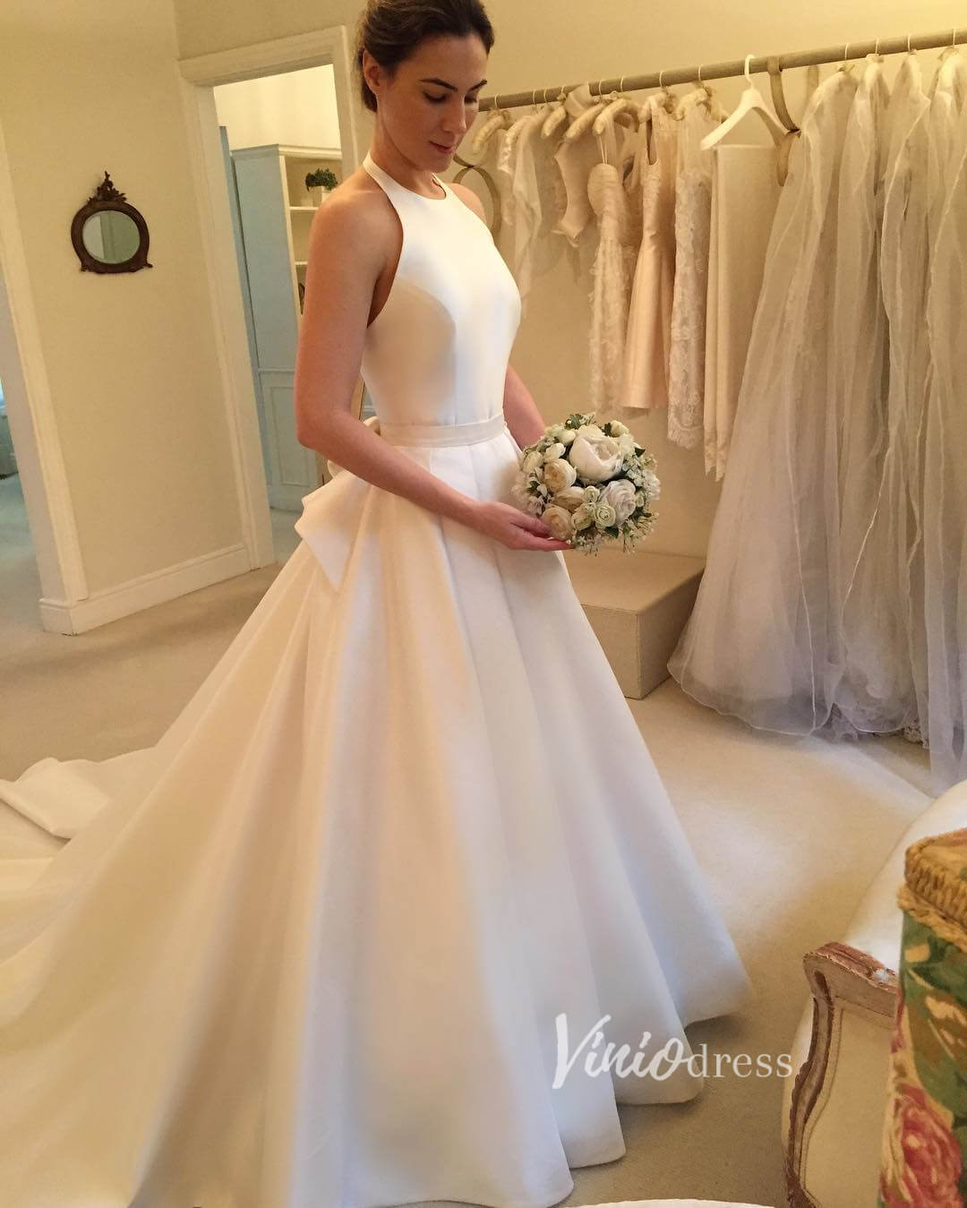 Halter Neck Cathedral Wedding Wedding Gown with Bow W2056-wedding dresses 2025 -Viniodress-Ivory-Custom Size-