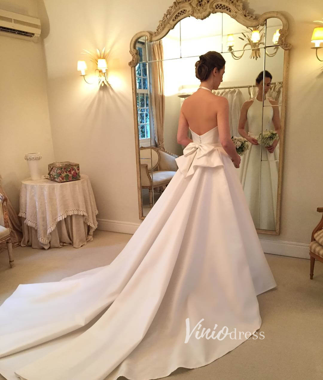 Halter Neck Cathedral Wedding Wedding Gown with Bow W2056-wedding dresses 2025 -Viniodress-Ivory-Custom Size-