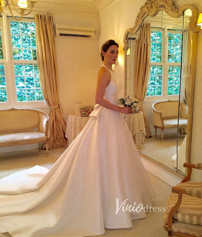 Halter Neck Cathedral Wedding Wedding Gown with Bow W2056-wedding dresses 2025 -Viniodress-Ivory-Custom Size-