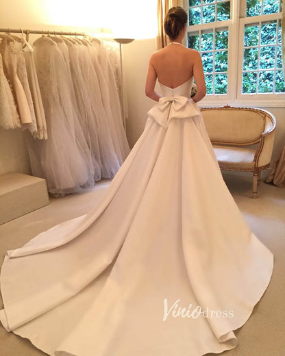 Halter Neck Cathedral Wedding Wedding Gown with Bow W2056-wedding dresses 2025 -Viniodress-Ivory-Custom Size-