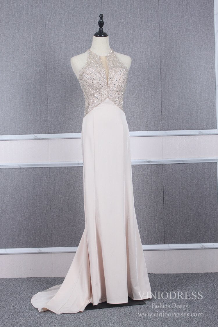 Prom Dress 2025 Halter Pearl Pink Long Prom Dresses Beaded Sheath Evening Dress FD2508-unique prom dresses-As Picture-US 2-Viniodress