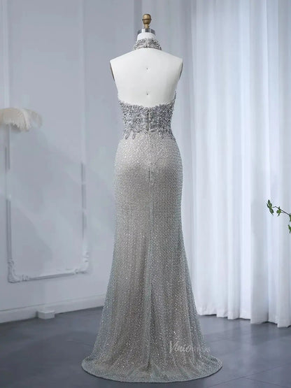 Halter Silver Prom Dresses Sparkly Beaded Formal Dresses High Neck BD046-Evening Dresses 2025 -Viniodress-Silver-US 2-