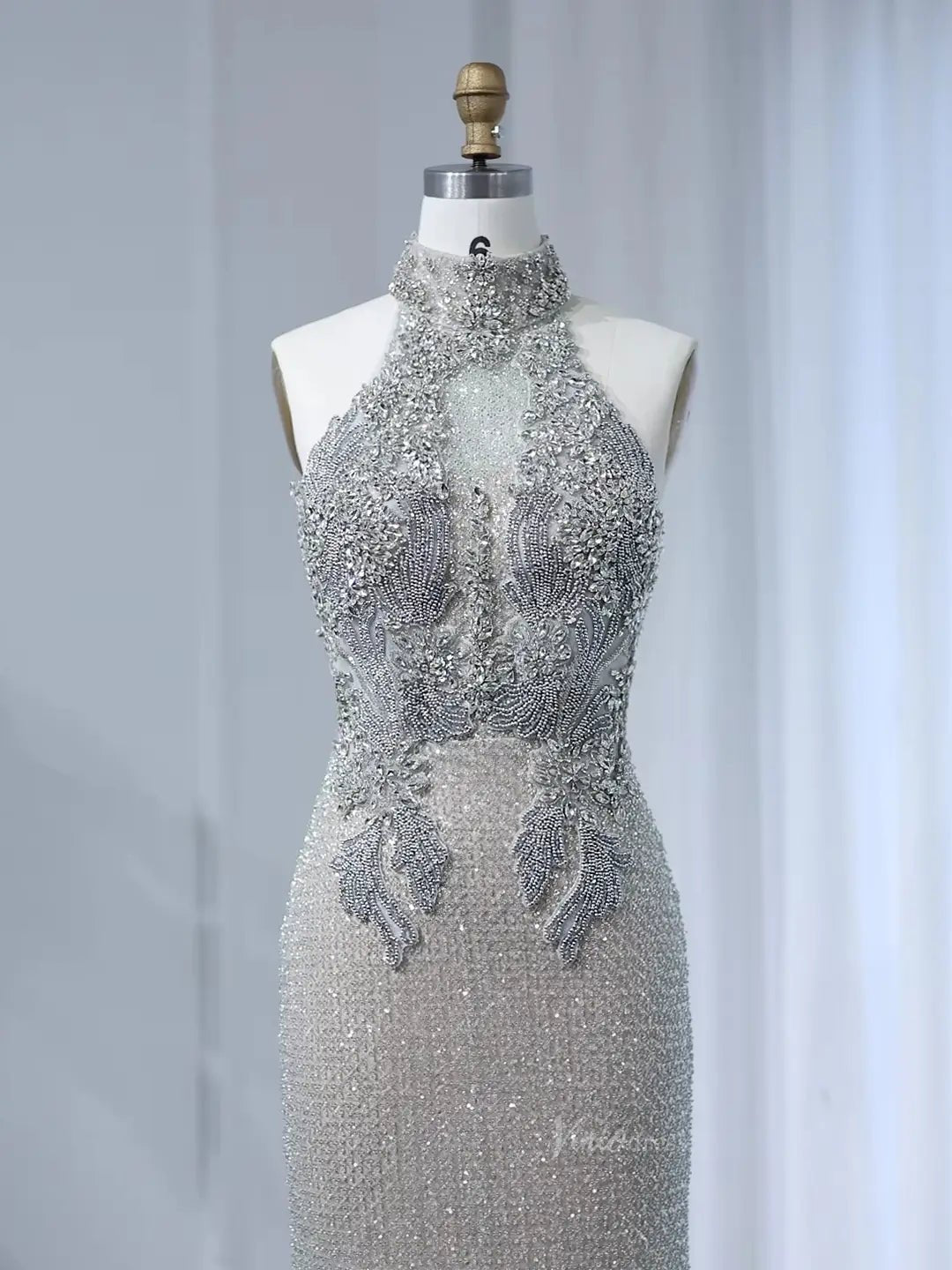 Halter Silver Prom Dresses Sparkly Beaded Formal Dresses High Neck BD046-Evening Dresses 2025 -Viniodress-Silver-US 2-