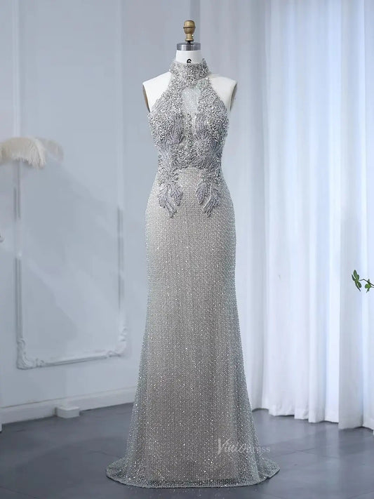 Halter Silver Prom Dresses Sparkly Beaded Formal Dresses High Neck BD046-Evening Dresses 2025 -Viniodress-Silver-US 2-