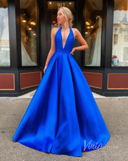 Halter V-neck Backless Satin Prom Dresses with Pockets FD2850-prom dresses 2025 -Viniodress-Royal Blue-Custom Size-