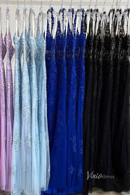 Halter V-neck Sheath Lace Prom Dresses Long with Slit FD1250N-prom dresses 2025 -Viniodress-Hot Pink-Custom Size-