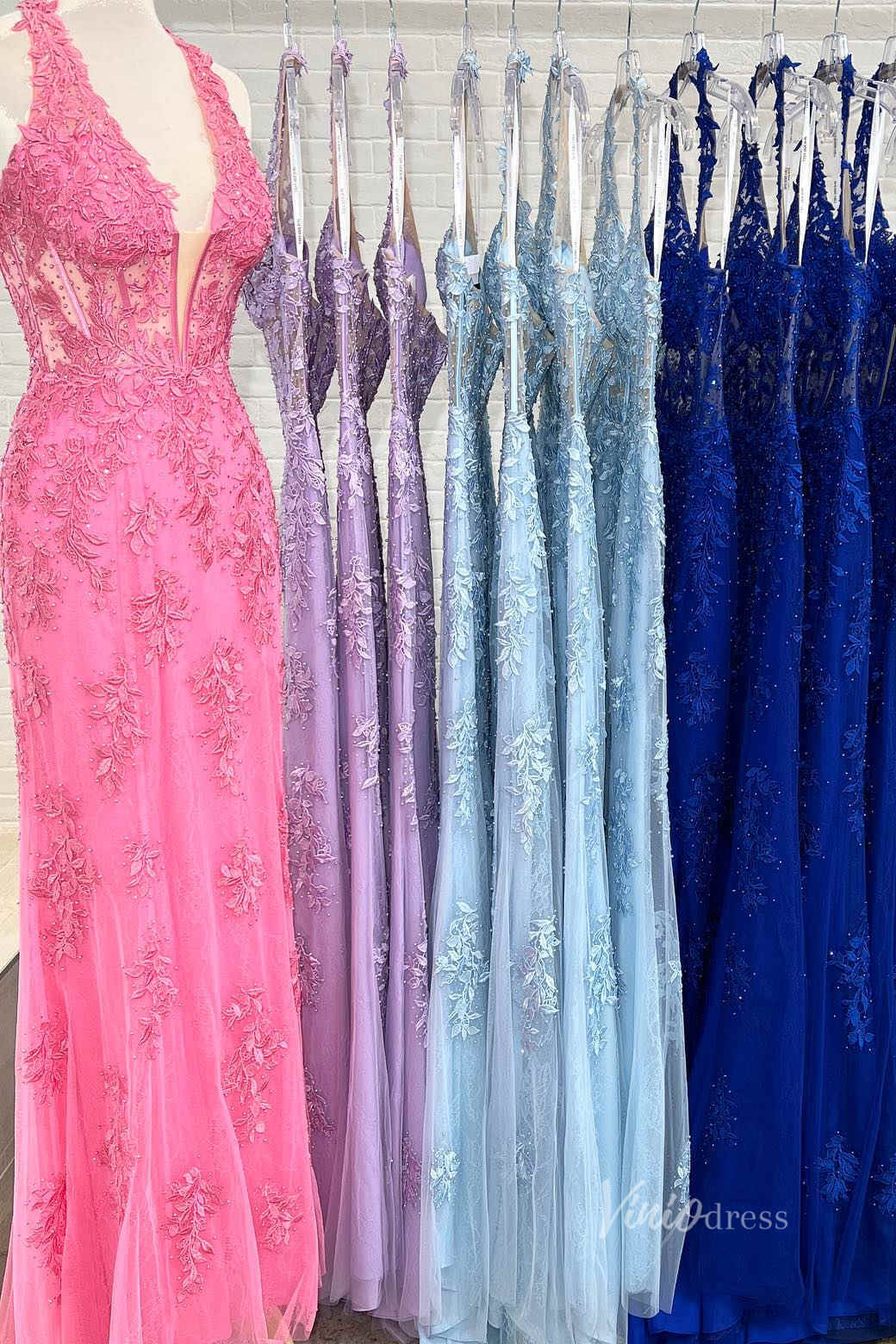 Halter V-neck Sheath Lace Prom Dresses Long with Slit FD1250N-prom dresses 2025 -Viniodress-Hot Pink-Custom Size-