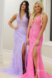 Halter V-neck Sheath Lace Prom Dresses Long with Slit FD1250N