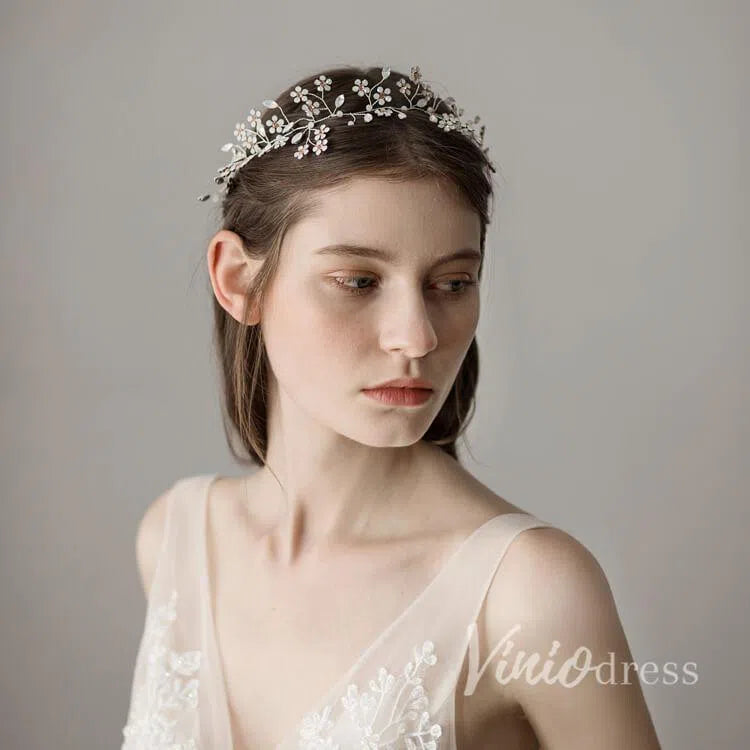 Hand-Made Crystal Floral Bridal Headband Viniodress ACC1121-Headpieces 2025 -Viniodress-Silver-