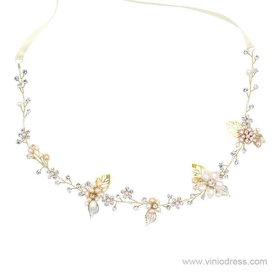 Hand-wired Crystal Petals Bridal Headband with Tieback and Pearl ACC1113-Headpieces 2025 -Viniodress-Silver-